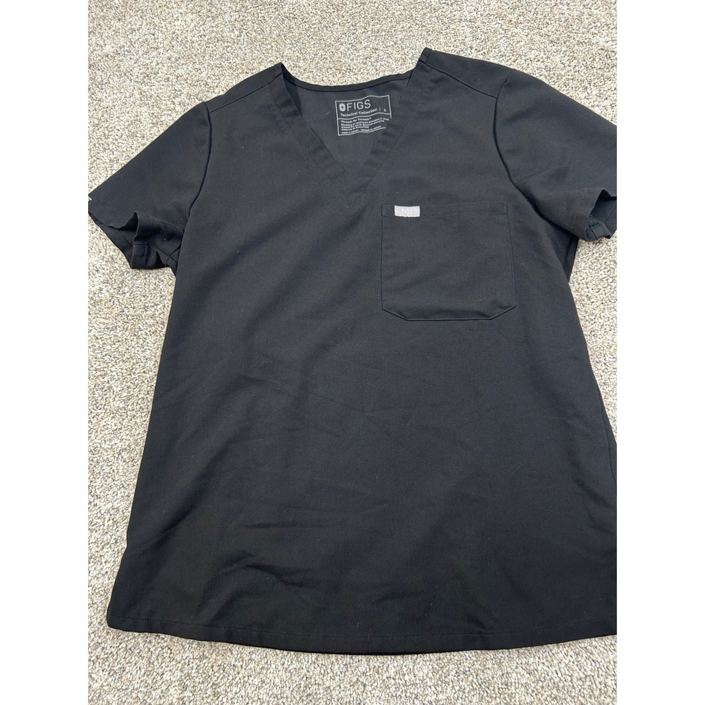FIGS Technical Collection Scrub Top Black V-Neck Chest Pocket Womens Small #0802